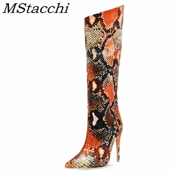 

MStacchi Sexy Shallow High Heel Women Boots Fashion Snakeskin High Boots Pointed Toe Suede Thin Heels Boots Fashion Women Boots