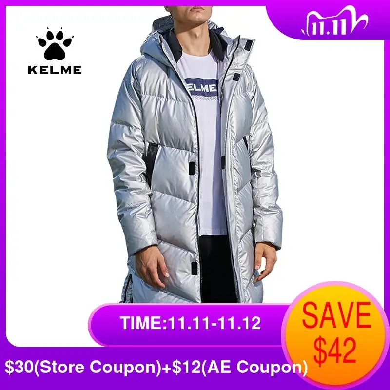 

KELME Winter Down Jacket Mens Silver Color Hooded Long 90% White Duck Down Hiking Camping Warm Windproof Sports Coat 8061YR1002
