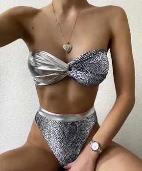 

Shiny Snake Print Patchwork Female Bandeau Swimsuit High Waist Bikini Women Swimwear Thong Bikini set High cut Bathing Suit Swim