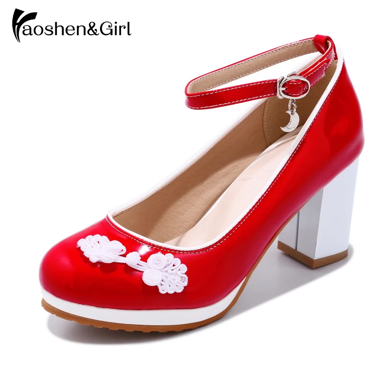 

Haoshen&Girl Women Spring Pumps Thick High Heels Ankle Strap Round Toe Chinese Style Patent Leather Girls Shoes Plus Size 28-52