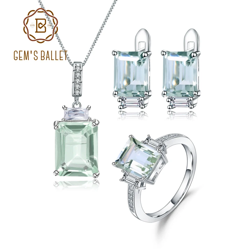 

GEM'S BALLET 925 Sterling Silver Jewelry Set For Women Natural Octagon Green Amethyst Earrings Ring Pendant Set Fine Jewelry
