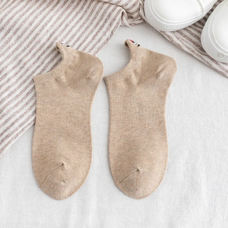 khaki Kawaii/женские носки с вышивкой; забавные Женские носочки; Короткие хлопковые мужские носки; тапочки; Прямая поставка - Цвет: khaki