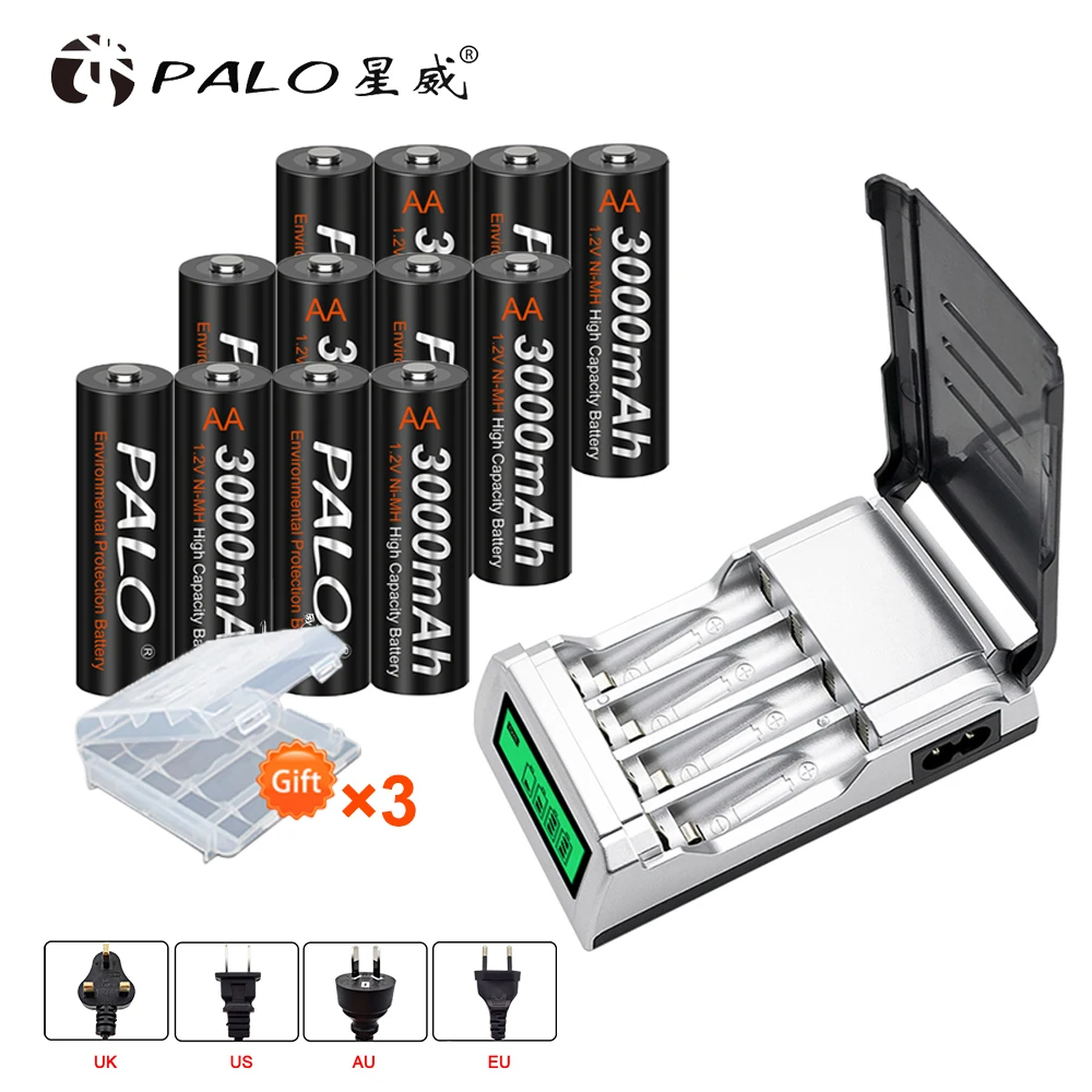 PALO 12PCS AA Rechargeable Battery 3000mah 1.2v Ni-MH Battery+LCD Charger for 1.2V Ni-CD AAA | Электроника