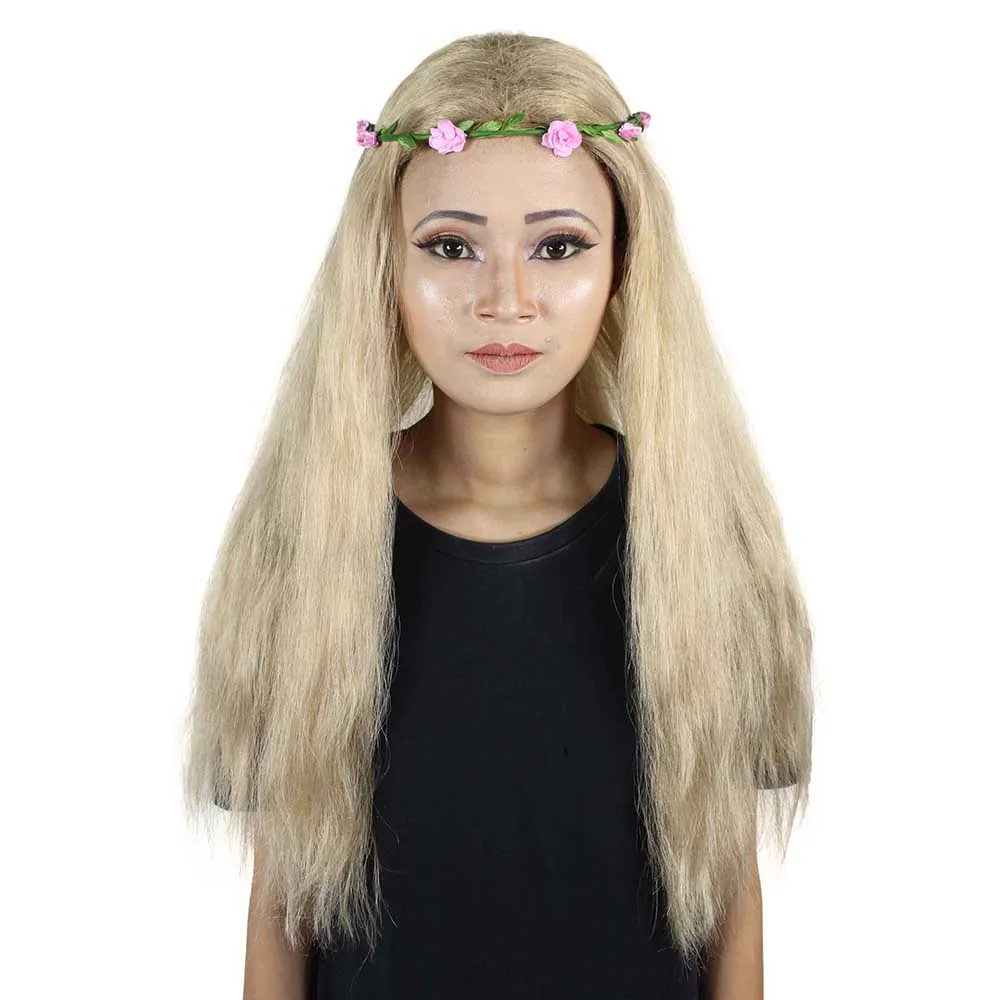 

HPO Movie Costumes Makeup Purple Party Wigs Big Cat Activist Cosplay Pelucas Long Blonde Hippy Wig Flower Crown Hallowen Wig
