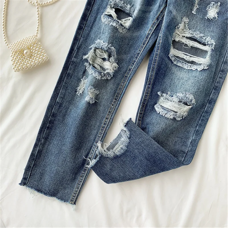 Neploe Korean Loose Trousers Straight Harem Pants Fashion Hole Striped Jeans High Waist Casual Autumn Student Deinm Pant 45988