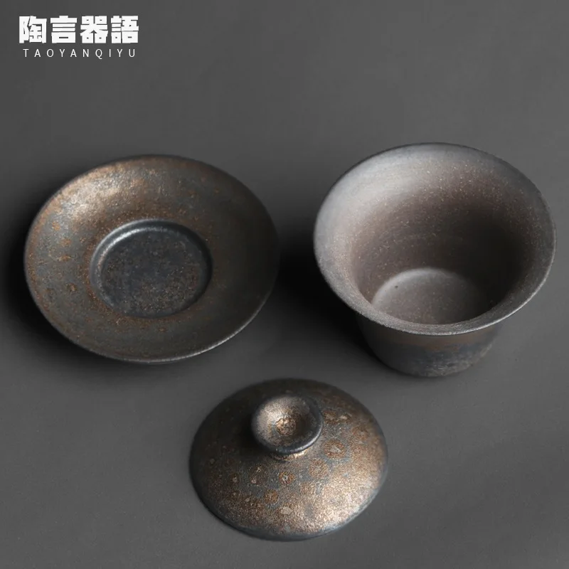 Vintage Stoneware Covered Bowl Handmade Pottery Kung Fu Tea Ceremony Wide Mouth Hand Grab Tea Bowl Set