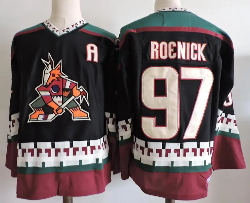 

Phoenix Coyotes 97 Jeremy Roenick white black retro throwback Hockey Jersey Embroidery Stitched Customize any number and name