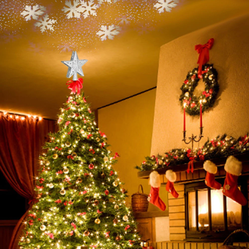 

Christmas Tree Star Decoration Light Rotating Dynamic LED Snowflake Projector Light Wedding Xmas Decor For Home Topper Ornaments