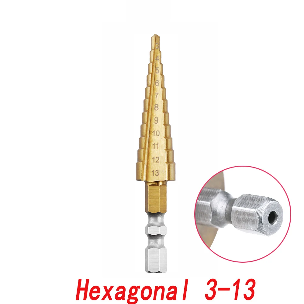 3-13 Hexagon Shank 4-12 4-20 4-32 мм ступенчатое сверло с титановым покрытием из быстрорежущей стали, конусное сверло - Цвет: 3-13 Hexagon Shank