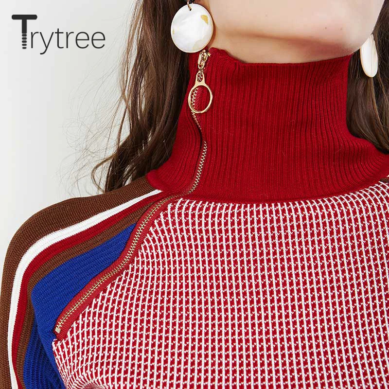 Trytree/осенне-зимний женский костюм из двух предметов, вязаный Повседневный Топ на молнии с высоким воротником+ юбка с эластичной резинкой на талии, до колена, комплект из 2 предметов
