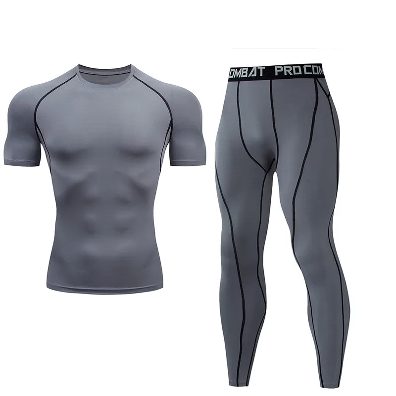 

Brand Sports Set Compression Suit Solid Color T-Shirt MMA Print Crossfit Muscle Tops Tights Breathable Short Sleeve Men's Set