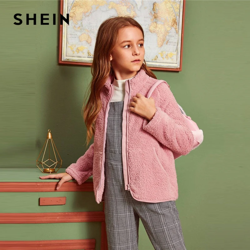 SHEIN/Детская куртка на молнии для девочек пастельного и розового цвета; модель года; сезон осень; повседневные куртки со стоячим воротником и длинными рукавами и карманами по бокам