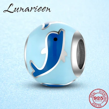 

925 Sterling Silver charms Bead Cute baby dolphin round shape blue enamel Fit Original Pandora Charm Bracelet Jewelry making