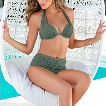 

2020 Sexy Women Retro Push Up Padded Bra Swimwear 2PCS Set Halter Backless Bikini Swimsuit