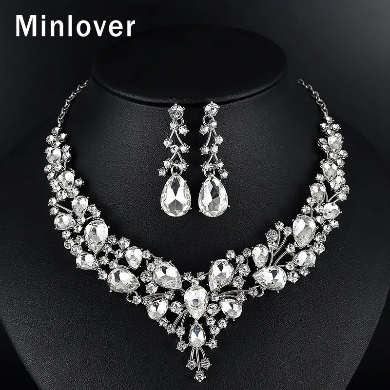 

Minlover Silver Color Teardrop Crystal Bridal Jewelry Sets for Women Branch Rhinestone Wedding Necklace Drop Earring Set MTL595