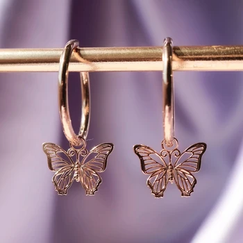 

Huitan Romantic Butterfly Drop Earrings for Women Rose Gold Color Hollowed-out Design Elegant Female Ear Hoop Trendy Jewelry Hot