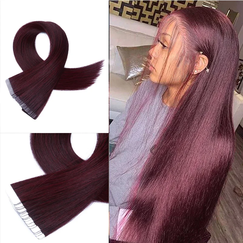 Cinta de cabello humano brasileño Remy, color vino tinto, 10 Uds., Base de seda transpirable recta, doble cara, cinta adhesiva sin costuras