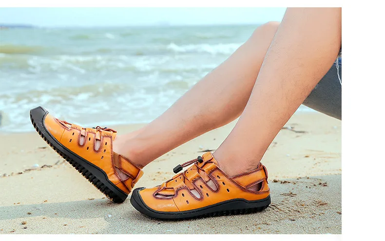 Men Leather Beach Sandals Summer Outdoor Shoes for Male Breathable Handmade Casual Footwear Slip On Walking Sandals