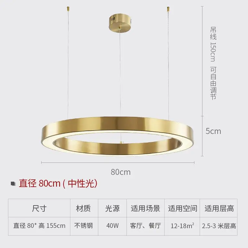 D80cm H5cm Постмодерн, роскошный светодиодный подвесной светильник для гостиной, скандинавского отеля, кольцо из нержавеющей стали, подвесной светильник, освещение для ресторана, спальни - Цвет корпуса: D80cm H5cm