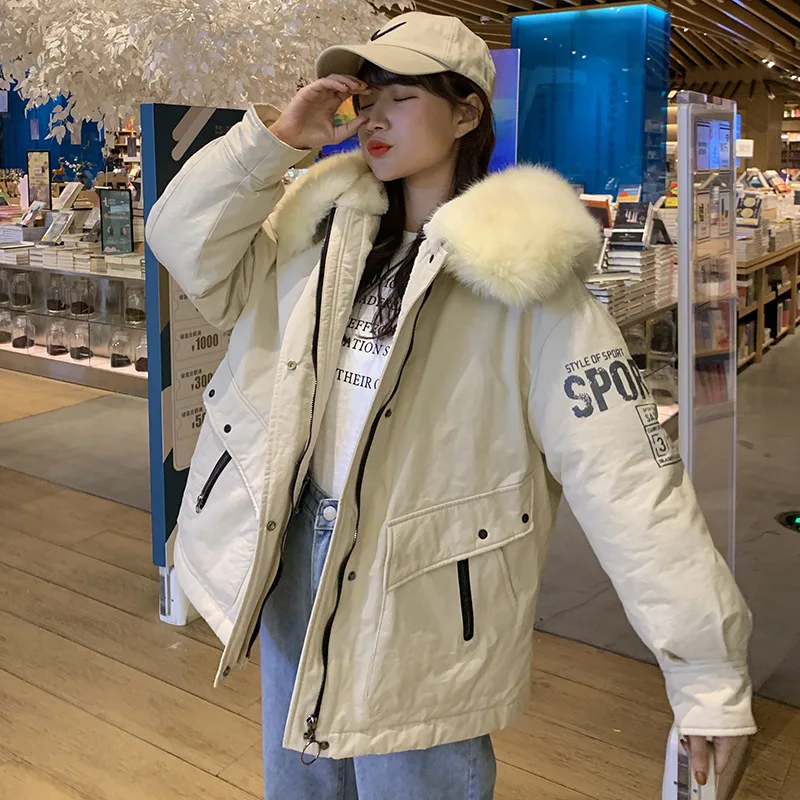 

Dongdaemun Autumn And Winter New Style down Jacket Women's Lining Lambs Wool Printed Letter Loose-Fit Harajuku Wind Cotton-padde
