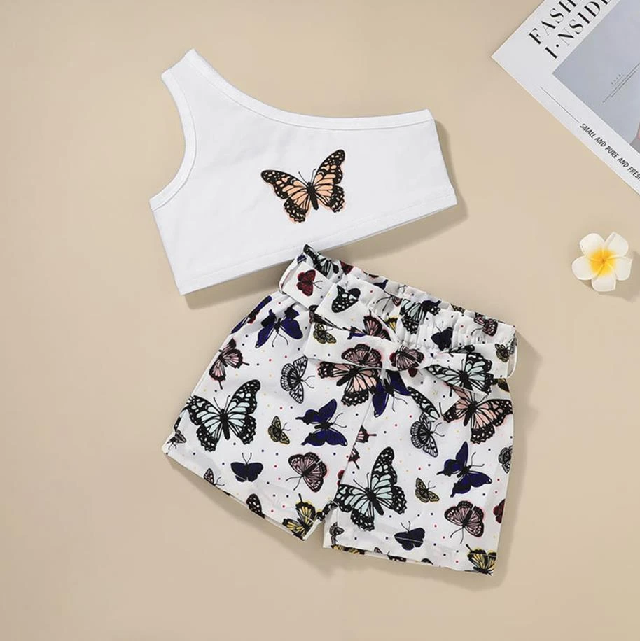 Conjunto de de verano niñas, traje con estampado de cortas sin mangas con un hombro, pantalones cortos|set de ropa| - AliExpress