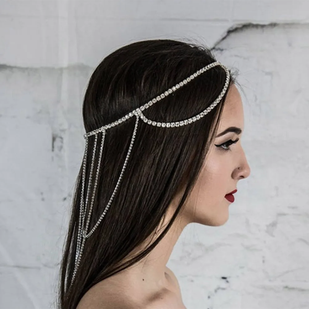 Elegant Long Tassel Rhinestone Bridal Hair Chain Jewelry Wedding Headpiece for Women Crystal Forehead Head Accessories | Украшения и