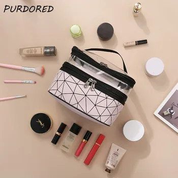 

PURDORED 1 Pc Women Large Cosmetic Bag Geometric Diamond Lattice Make Up Bag Zipper Travel Waterproof Makeup Pouch Beauty Case