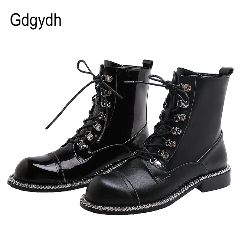Женские ботинки с цепочкой Gdgydh черные мотоциклетные из натуральной лакированной