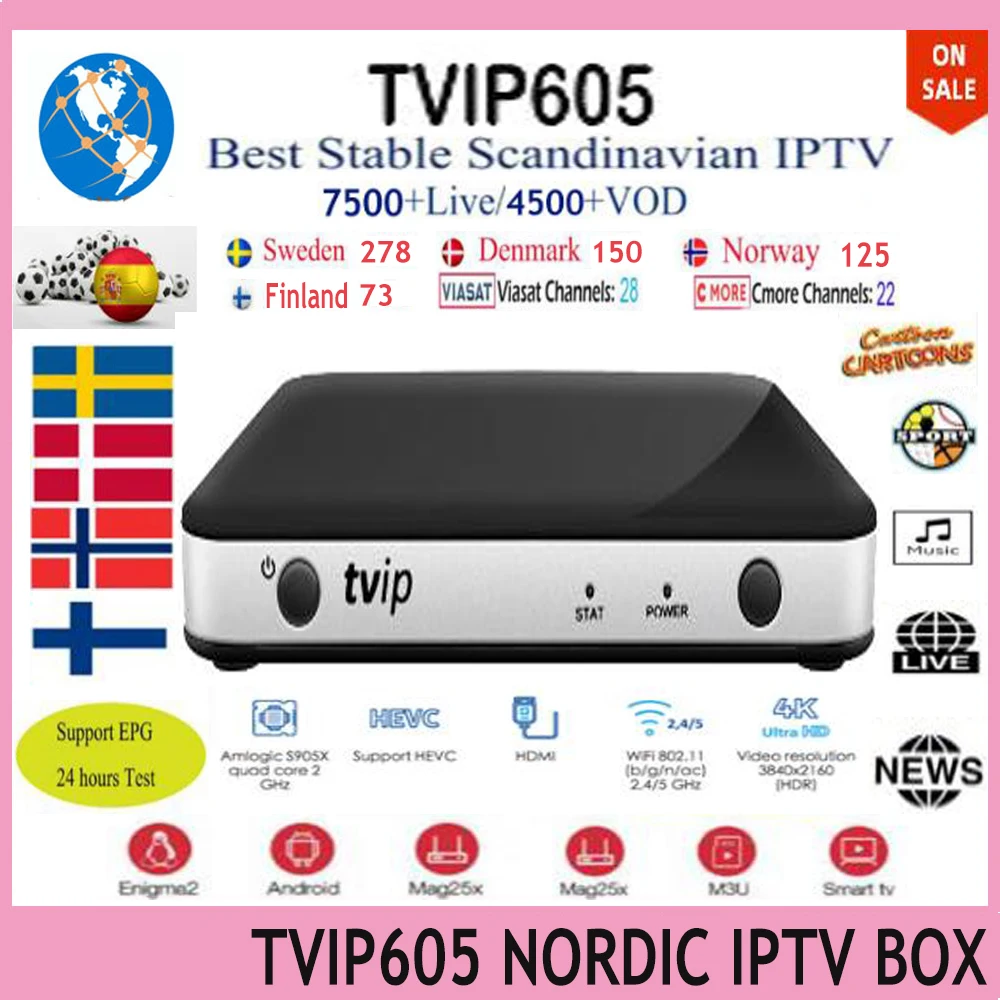 TVIP 605 с лучшими скандинавскими IPTV скандинавские 7500+ Швеция, Норвегия, Дания, Великобритания, США, Польша, Европа, Швейцария, IPTV каналы