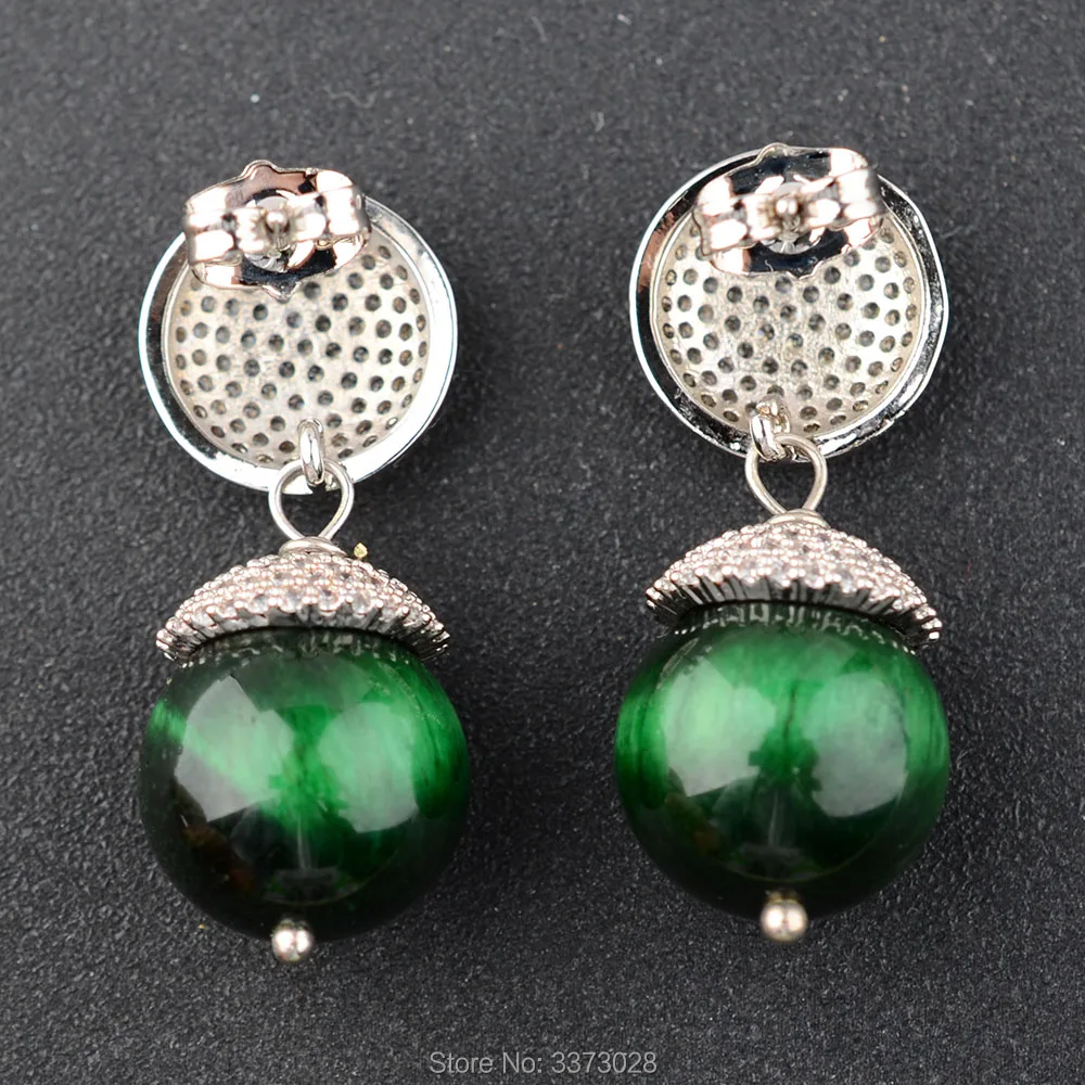 14mm Round Green Tiger Eye Cz pave Earrings