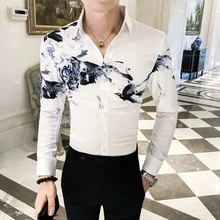 Качественная белая мужская рубашка с цветочным принтом Осенняя Новая праздничная одежда мужская рубашка с длинным рукавом с цифровым принтом повседневная мужская одежда смокинг