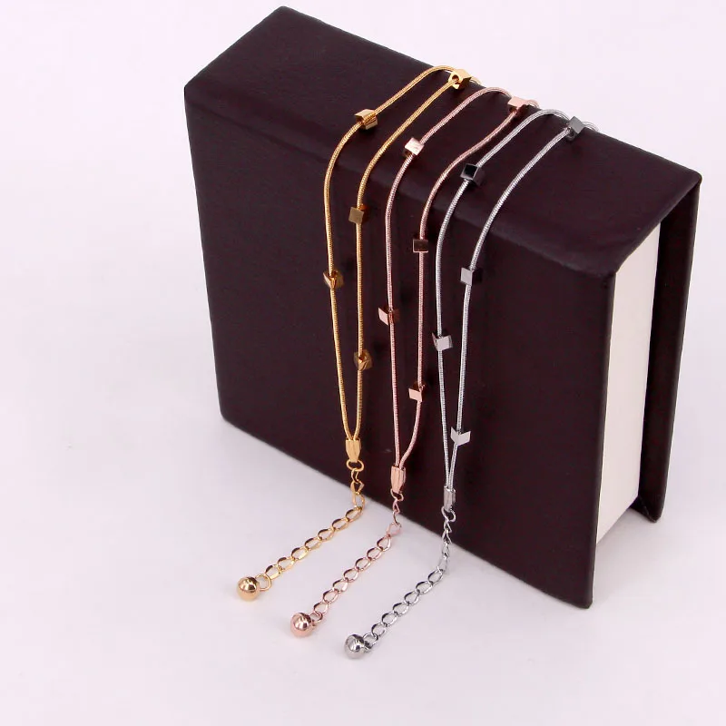 Fashion Square Two Layer Snake Chains 18cm+5cm Adjustable Anklets Women Female Stainless Steel Gold/Silver/Rose Gold Anklets