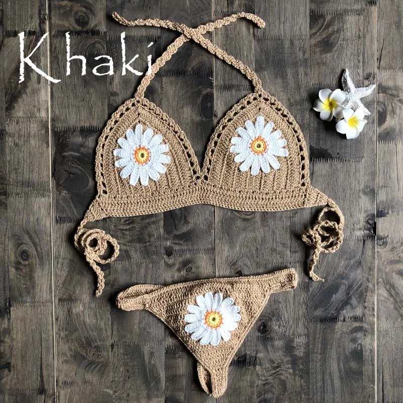 khaki New Fashion Beach Bikini Set Knitting Swimsuit Crochet Bohemia Style Off Shoulder Bathing Handmade Sexy Bikini - Цвет: khaki