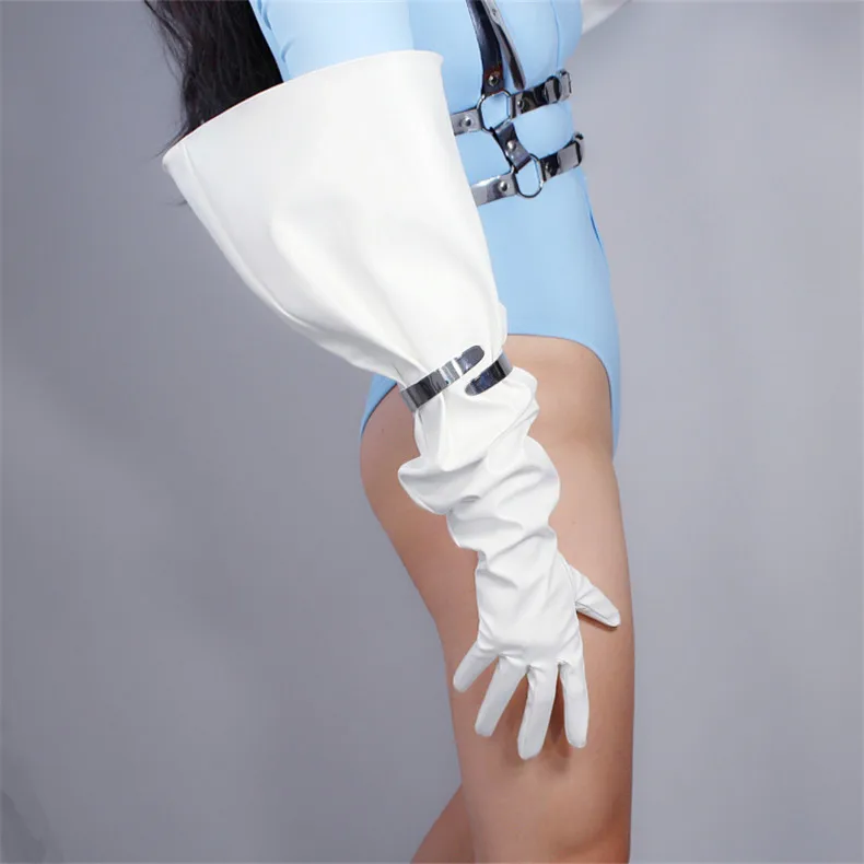 PATENT LONG GLOVES Unisex Faux Leather Shine Black Balloon Puff Sleeves Large 70cm WPU146