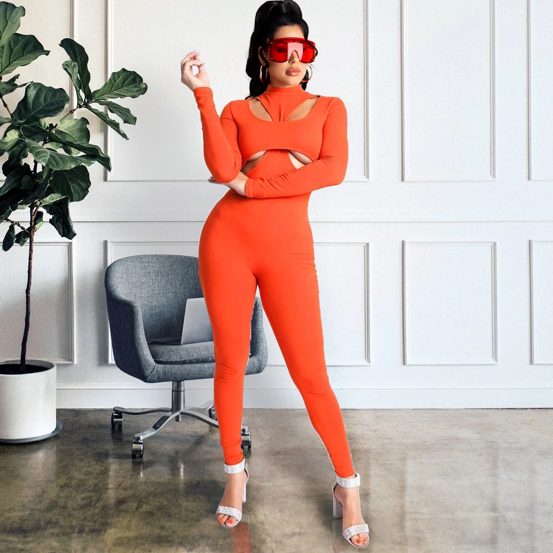 

Sport Fitness Solid Cut Out Jumpsuit Women Sexy Hollow Out Long Sleeve Leggings Bodysuit Club Jumpsuit Romper Outwear Clothes