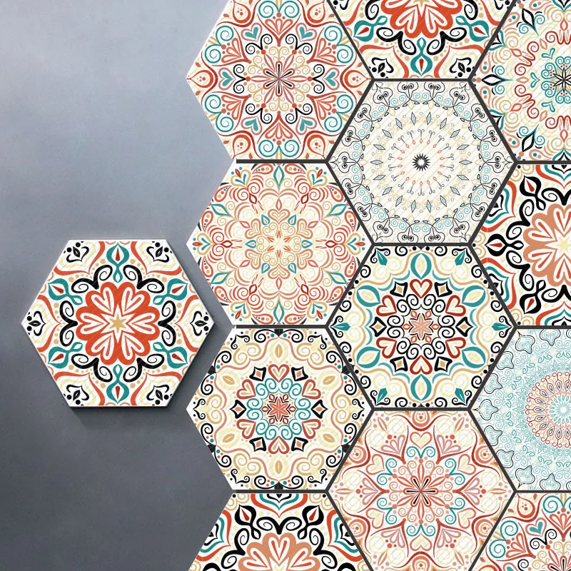 Hexagonal Mandala Style Ceramics Tile Stickers Kitchen Bathroom Self Adhesive Waterproof Wall Sticker Mural Peel & Stick beibehang waterproof waist line self adhesive foot bath bathroom waist wall stickers kitchen living room bathroom tile baseboard