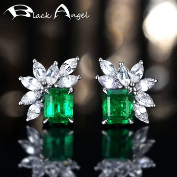 

BLACK ANGEL Princess Square Sapphire Emerald Ruby Earrings for Women 925 Silver Blue Gemstone Earrings Stud Jewelry Wholesale