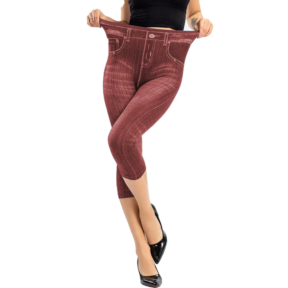 Women Faux Jeans Leggings Slim Stretch Printed Short Leggings High Waist Pants Plus Size Calf-Length Pants Summer Breeches lululemon leggings