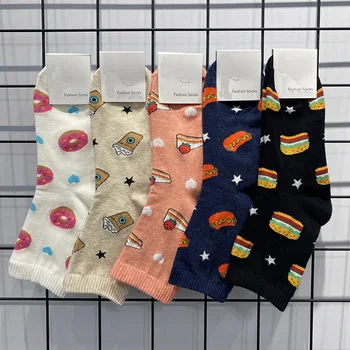 

Creative Fashion Korea Harajuku Cartoon Women Socks College Style Kawaii Snacks Donut Burger Casual Breathable Socks Women