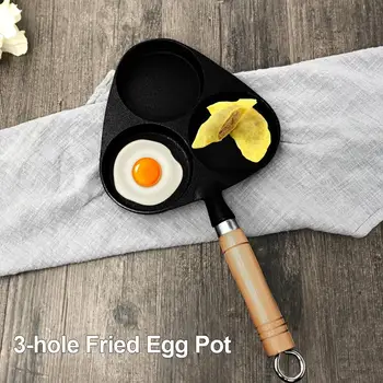 

3-hole Fried Egg Pot With Wooden Handle Thickened Nonstick Cast Iron Frying Flat Pan 14.96x7.87 Inches Kitchen Baking Accessory