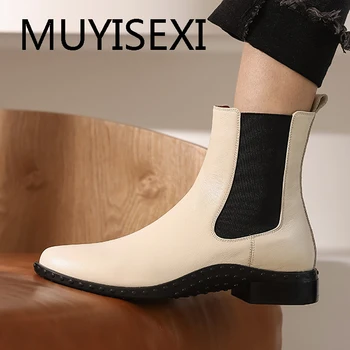 

Comfortable ankle boot genuine leather round toe slip on brand 3cm low heel winter shoe concise runway Keep warm VSHE02 MUYISEXI