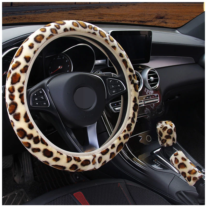 Универсальные плюшевые леопардовые Чехлы рулевого колеса автомобиля, зимние меховые ручные тормозные шестерни, набор автомобильных аксессуаров для интерьера P