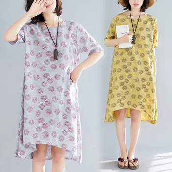 

301# Folk Style Thin Printed Cotton Linen Maternity Dress Plus Size Clothes for Pregnant Women Summer Pregnancy Clothing