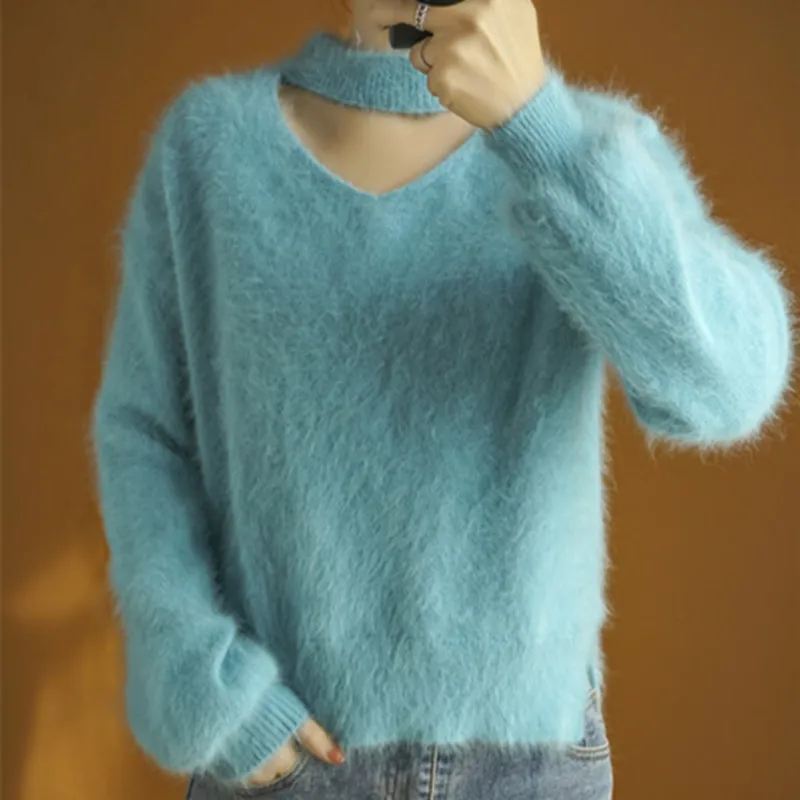 Autumn winter women angora rabbit Long sleeve Knitted