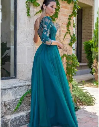 

Hunter Evening Dresses 2020 New Arrival One Shoulder Long Sleeve Illusion Bodice Appliques Front Split Long Evening prom Gowns