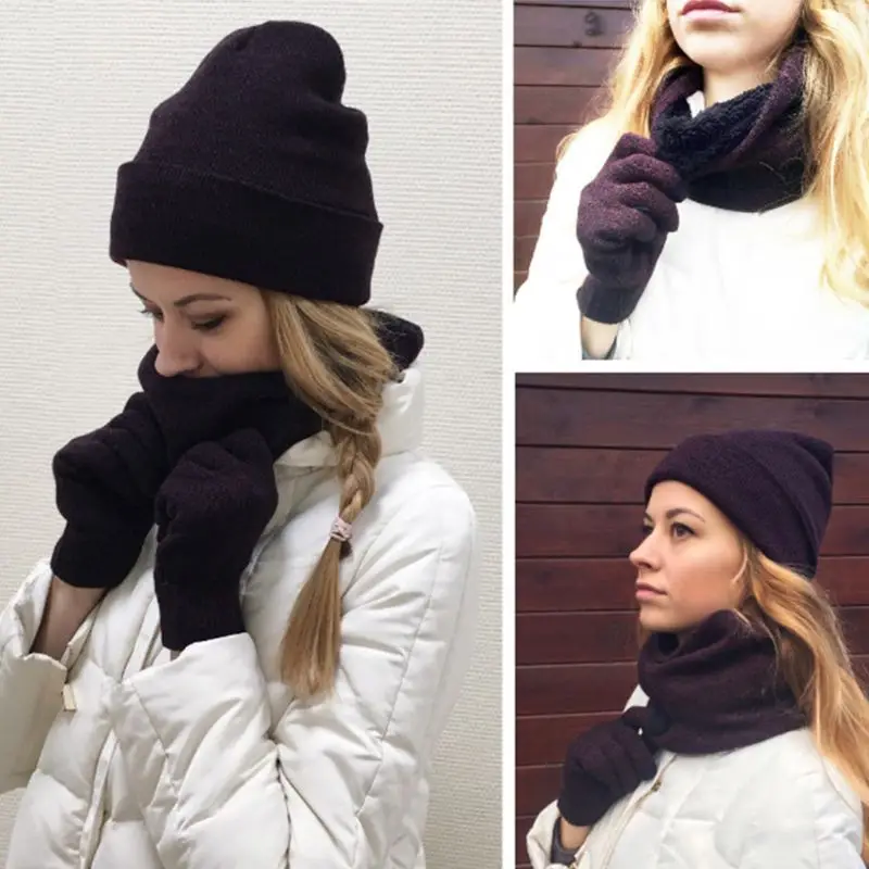 Зимняя шапка бини для женщин и мужчин, шарф бесконечности, перчатки с сенсорным экраном, набор из 3 предметов, вязаный комплект, утепленная плюшевая подкладка, теплые зимние лыжные перчатки