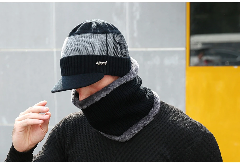 Мужская зимняя теплая шапка и шарф, набор, унисекс, вязаная шапка, наборы, 4 цвета