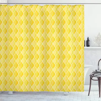 

Yellow Shower Curtain, Quatrefoil Moroccan Themed Geometric Ombre Pattern Artwork, Cloth Fabric Bathroom Decor Set with Hooks