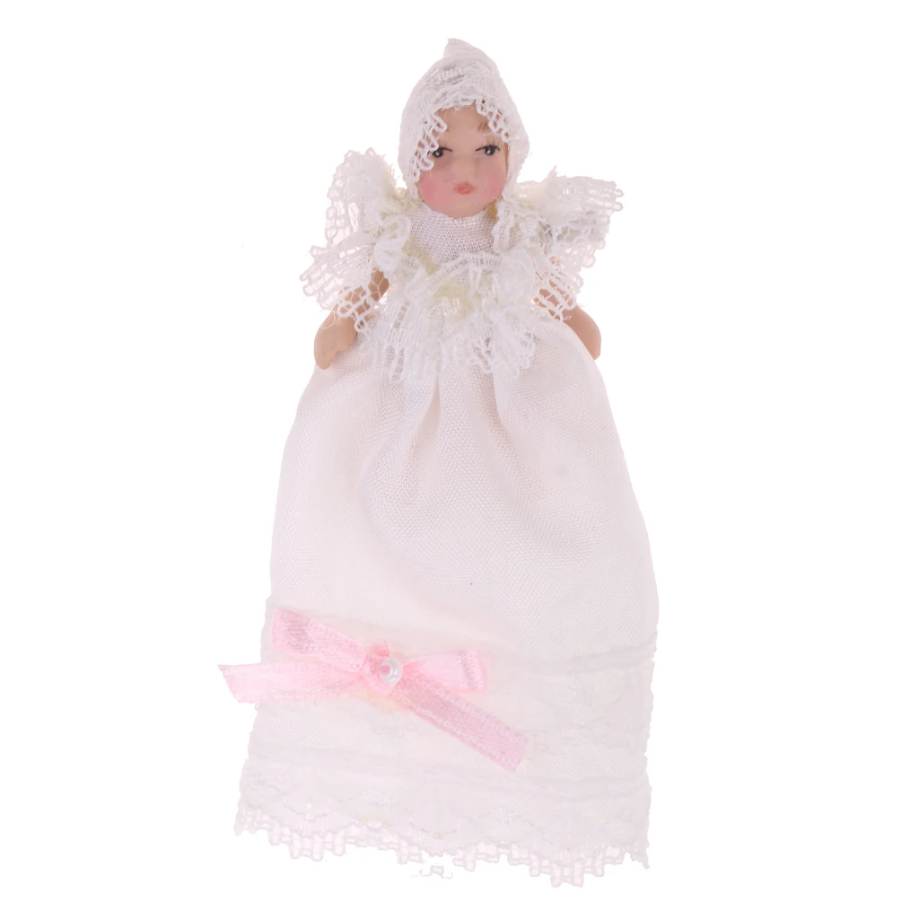 12th Porcelain Baby Children Doll in White Lace Dress Dollhouse People Figures Decoration