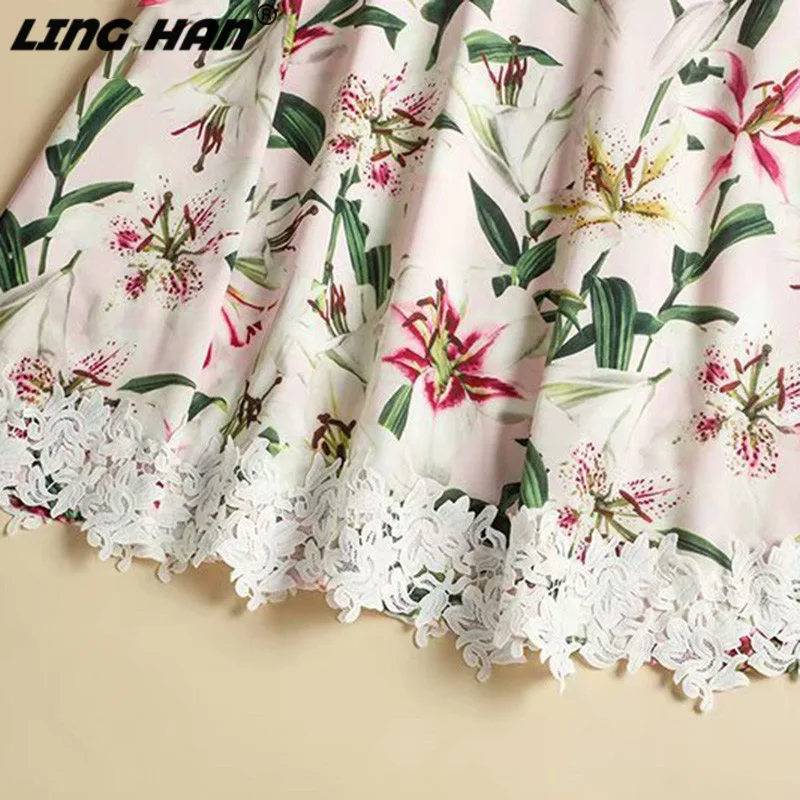 LINGHAN Runway дизайнерское летнее платье миди женское с коротким рукавом на заказ lily Кнопка цветочный принт кружевное элегантное платье vestdios